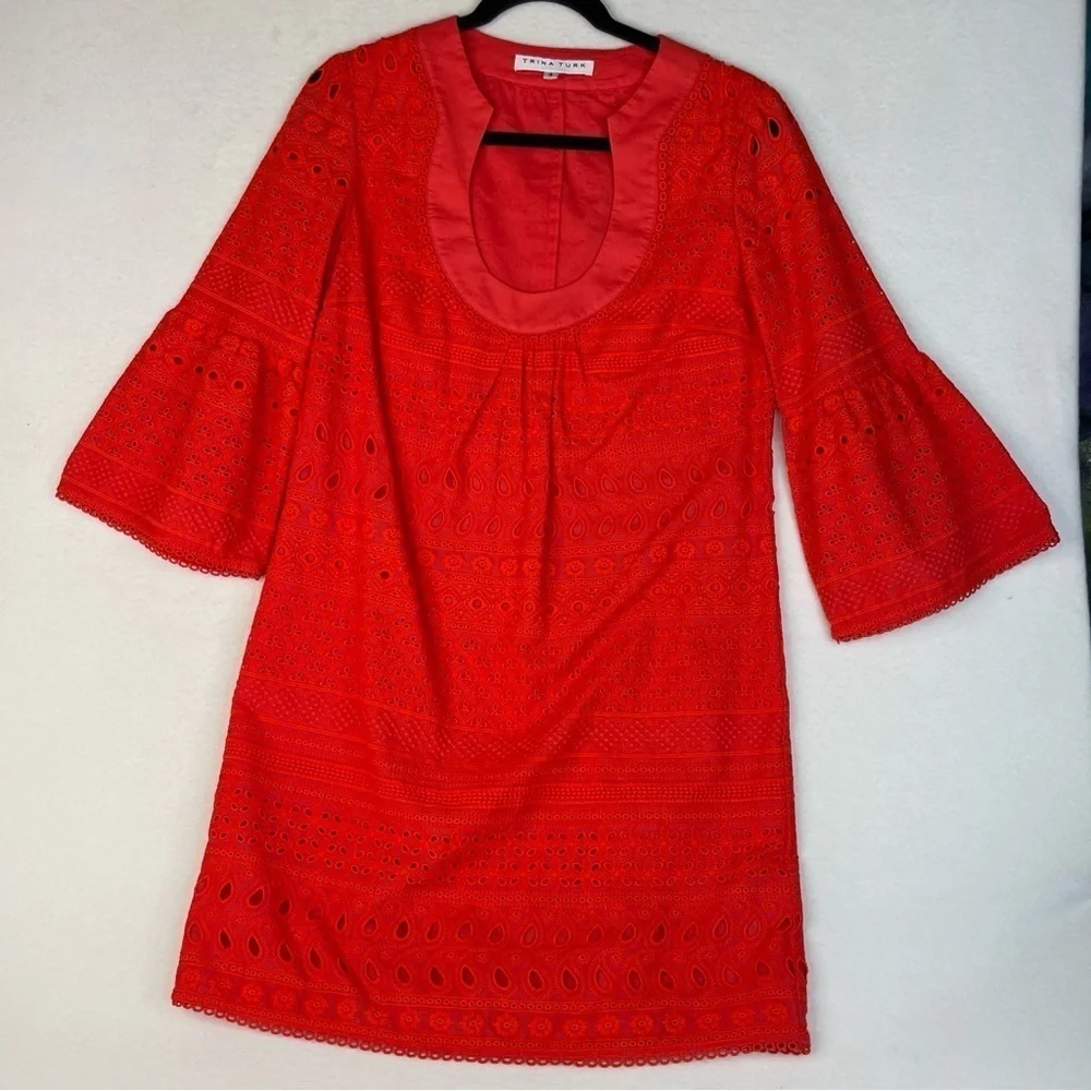 Trina Turk Bonita Eyelet Shift Dress Poppy Red Size 4